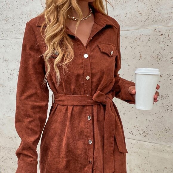 Rust Brown Casual Womens Corduroy Solid Belted Shirt Dress - Picture 6 of 6